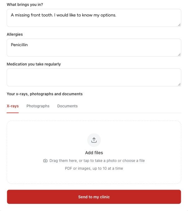 Complete clinic intake questions and files Medquote clinic intake form with answers to What brings you in? and Allergies, an empty medication field, file tabs and Send to my clinic.