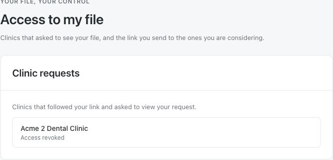 Review clinic access to a patient file Medquote Access to my file screen listing a clinic with the status Access revoked.