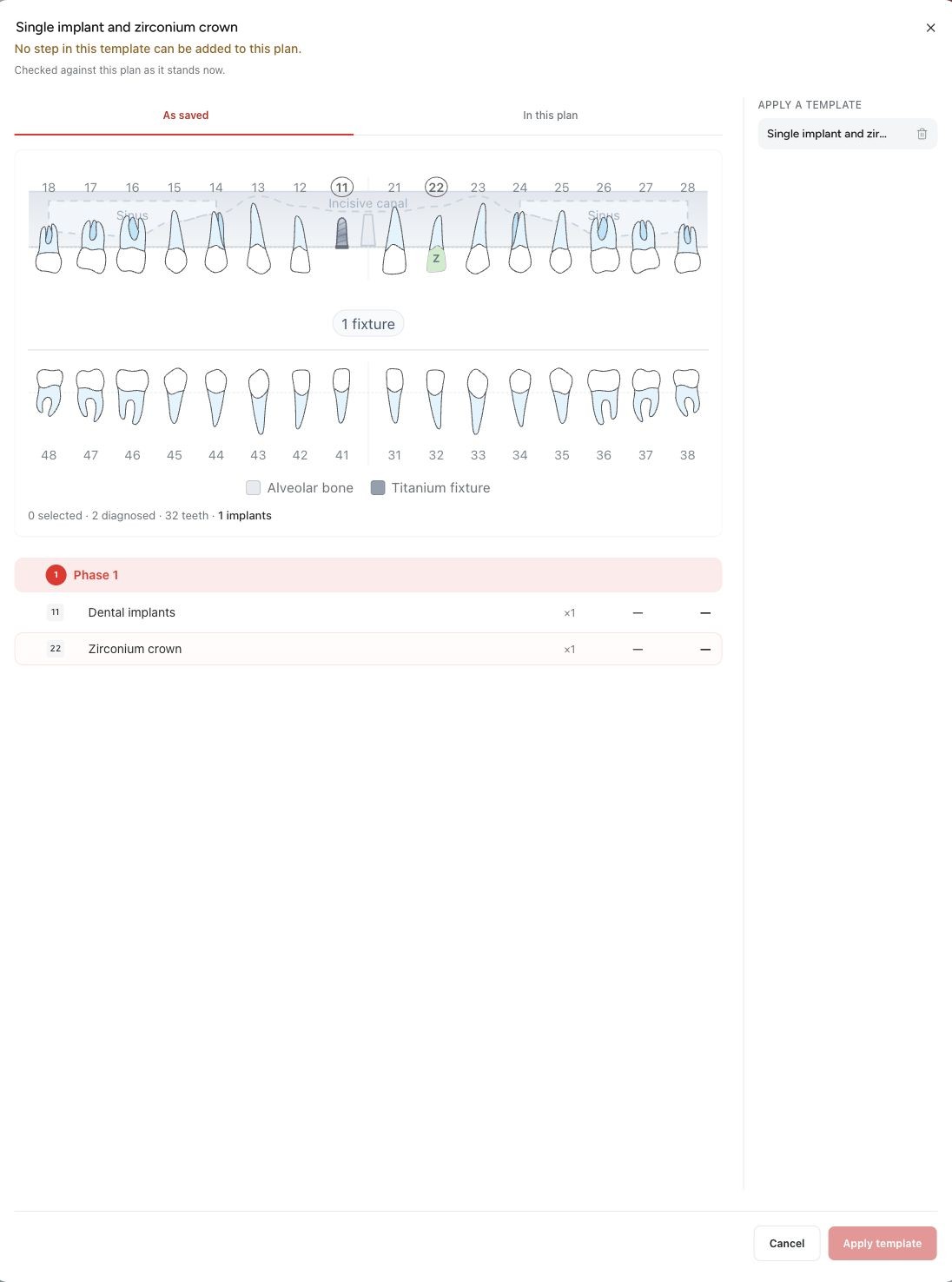 Preview a saved treatment template Medquote template preview for the template Single implant and zirconium crown, on the As saved tab, showing an implant on tooth 11, a zirconium crown on tooth 22 and a disabled Apply template button.